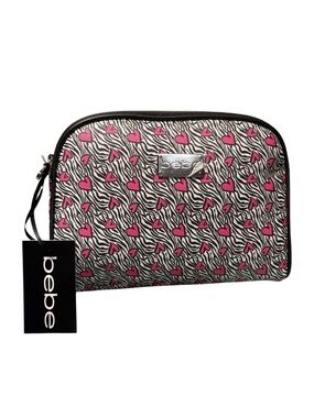 bebe Zebra Heart Print Cosmetic Bag Makeup Case Black White Pink NWT